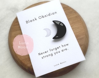 Natural black obsidian moon | worry stone | pick me up gift | wellbeing crystal | strength | protection | with positive quote gift card