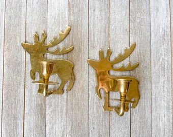 Vintage Brass Reindeer Candle Wall Sconces Set of 2 | Moose | Brass Candle Holders | Brass Candle Sticks | Reindeer | Christmas