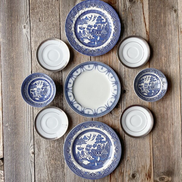 Instant Wall Plate Collection of Blue and White Plates Set of 9 China English China | Farmhouse Decor | Wall Hangings | Vintage | Wall Decor