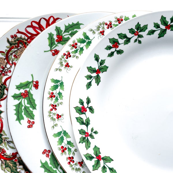 Christmas Dinner Plates Mismatch Set of 4 | Poinsettia | Dinner Plates | Christmas China | Cottage Chic China | Holly | Christmas Tea party