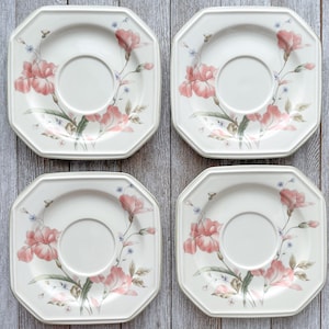 Mikasa Continental China Saucers Plates Set of 4 | Pink Iris | Dessert Plate | Vintage | Wedding China | Bridal Luncheon | Gift | Tea party