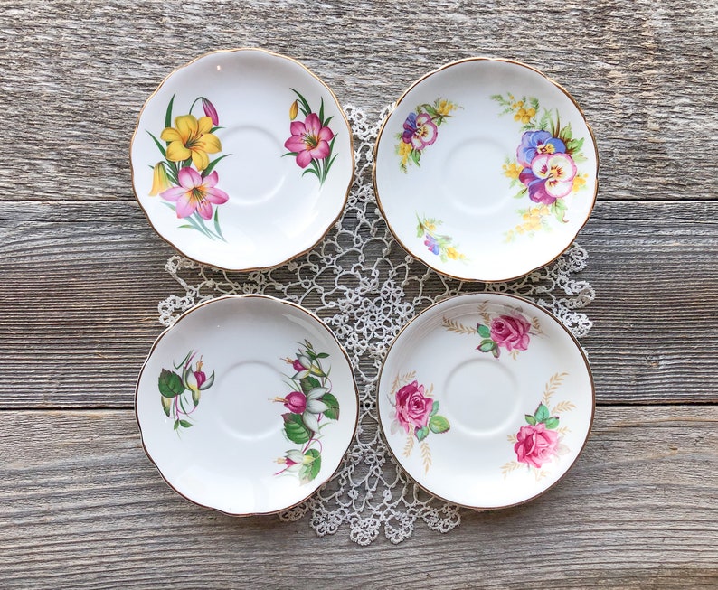 Tea Party Plates Mismatch Floral Saucers Set of 4 Bone China English Fine Bone China |Vintage Wedding plates