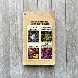 May include: A vintage paperback book cover featuring illustrations of four short novels by Herman Melville: Benito Cereno, Billy Budd, Foretopman, Bartleby, and The Encantadas, or Enchanted Isles.
