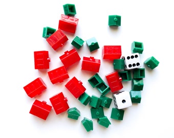 Vintage Monopoly Game Houses Hotels and Dice Set of 36 | Red Hotel | Green Houses