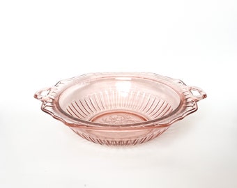 Vintage Large Pink Depression Glass Bowl with Handles | Serving Bowl | Etched Bowl in Pink | Glass Dish | Candy Dish | Floral