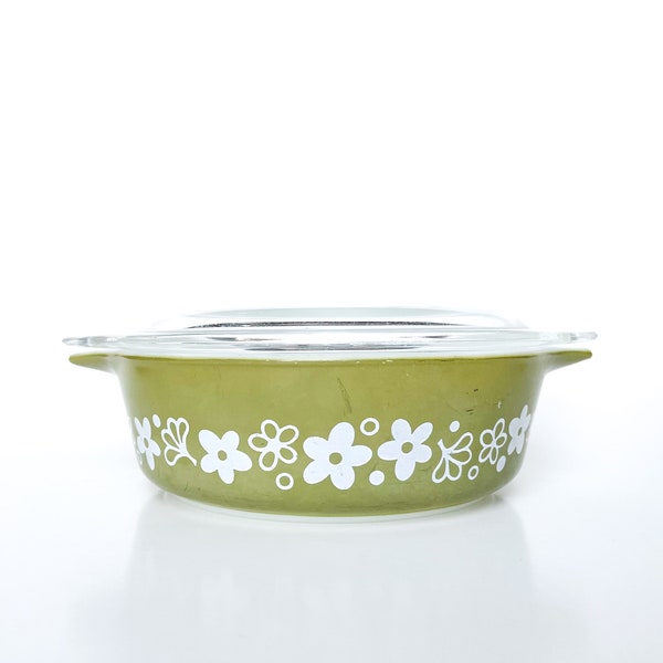 Pyrex Crazy Daisy Spring Blossom 1 Pint Round Casserole Dish with Lid #471 | 1970's | Avocado Green | Glass with Handles | Used Condition