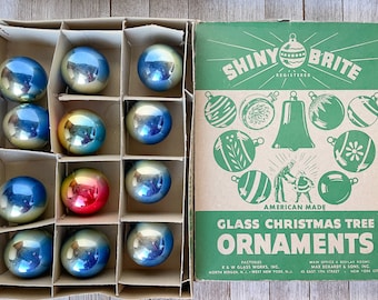 Shiny Brite Glass Christmas Tree Ornaments in Original Box | Assorted Colors | Vintage Ornaments | 12 Ornaments | Vintage Christmas