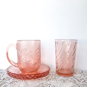 French Vintage Pink Mismatch Glassware Set of 5 | Rosaline Arcoroc Swirl | Coupe Glasses | France | Depression glass | Salmon | Luminarc