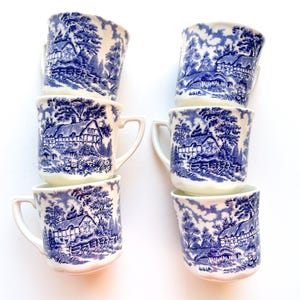 J & G Meakin &quot;Anne Hathaway&#39;s Cottage&quot; Cup or Mugs | Matching Set of 6 | Blue |  FREE SHIPPING | Made in England