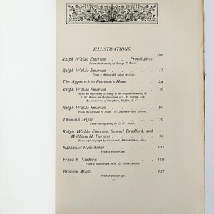 May include: An open book page featuring a list of illustrations with titles and page numbers. The text includes names like Ralph Waldo Emerson and Thomas Carlyle. A decorative floral border is at the top.