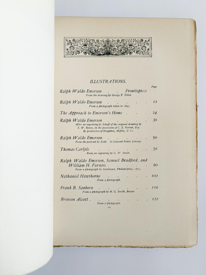 May include: An open book page featuring a list of illustrations with titles and page numbers. The text includes names like Ralph Waldo Emerson and Thomas Carlyle. A decorative floral border is at the top.