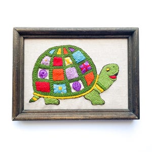 Vintage Turtle Embroidery Crewel Wall Art | Christmas Crewel | Picture Wall Hanging | Framed Embroidered Needlepoint | 1970s
