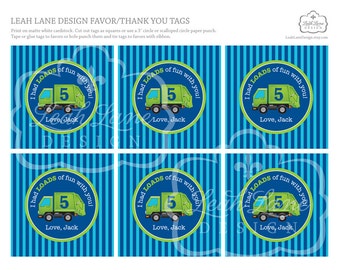 Garbage Truck Recycle Trash Boys Birthday Party PERSONALIZED PRINTABLE 3 Favor Tags Thank You