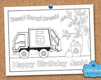 Garbage Truck Recycle Kids Birthday Party Personalized Printable Coloring Sheet Page Favor Game