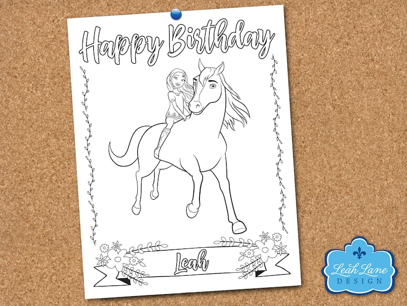 May include: A black and white coloring page featuring a girl riding a horse. The girl is wearing a long-sleeved shirt and pants. The horse has a long mane and tail. The text "Happy Birthday" is at the top of the page. The text "Leah" is at the bottom of the page.