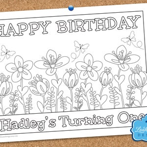 Flower Birthday Party Coloring Page, PERSONALIZED PRINTABLE Coloring Sheet, Party Favor, Party Game, Party Activity, Flowers, Garden, Girl