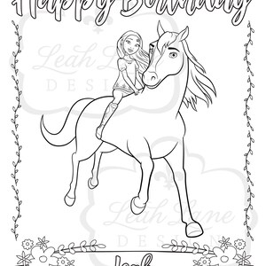 May include: A black and white coloring page featuring a girl riding a horse. The girl is wearing a long-sleeved shirt and pants. The horse has a long mane and tail. The text "Happy Birthday" is at the top of the page. The text "Leah" is at the bottom of the page.