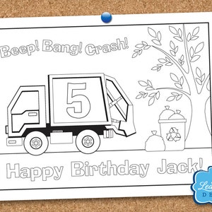 Garbage Truck, Recycle Truck, Kids Birthday Party, Personalized Printable Coloring Sheet, Coloring Page, Party Favor, Printable Party Game