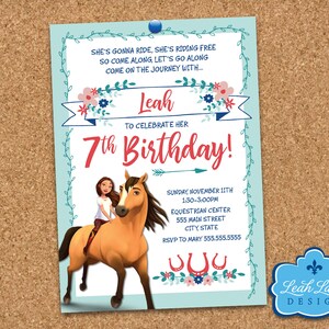 May include: A blue and white invitation with a floral border. The invitation is for Leah's 7th birthday party. The invitation features a cartoon image of a girl riding a brown horse. The text on the invitation reads: "She's gonna ride, she's riding free. So come along, let's go along. Come on the journey with... Leah. To celebrate her 7th birthday! Sunday November 11th 1:30-3:00PM Equestrian Center 555 Main Street City, State RSVP to Mary 555.555.5555"