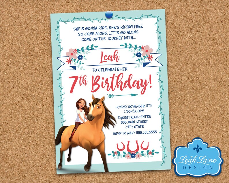 May include: A blue and white invitation with a floral border. The invitation is for Leah's 7th birthday party. The invitation features a cartoon image of a girl riding a brown horse. The text on the invitation reads: "She's gonna ride, she's riding free. So come along, let's go along. Come on the journey with... Leah. To celebrate her 7th birthday! Sunday November 11th 1:30-3:00PM Equestrian Center 555 Main Street City, State RSVP to Mary 555.555.5555"
