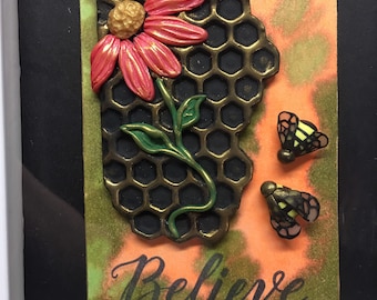 Honey Bee Art, BELIEVE, Polymer Clay Sculptural Painting, Alcohol Ink, Mixed Media Art, Framed Art, Multi Media Floral Art
