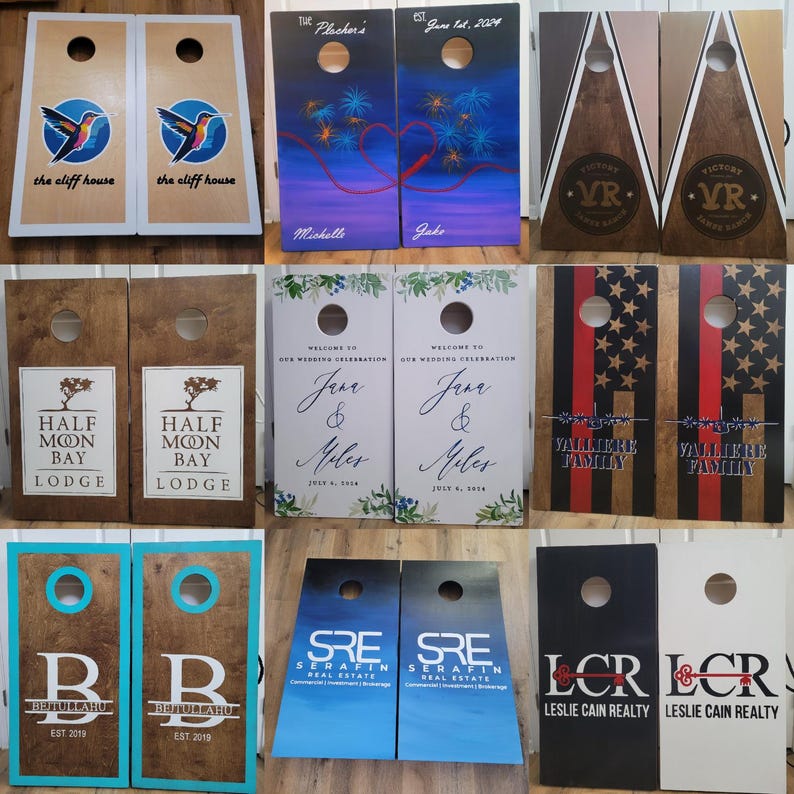 May include: A collage of nine pairs of wooden cornhole boards featuring various custom designs, including hummingbird graphics, fireworks, geometric patterns, wedding text, American flag motifs, and corporate logos with names and dates.