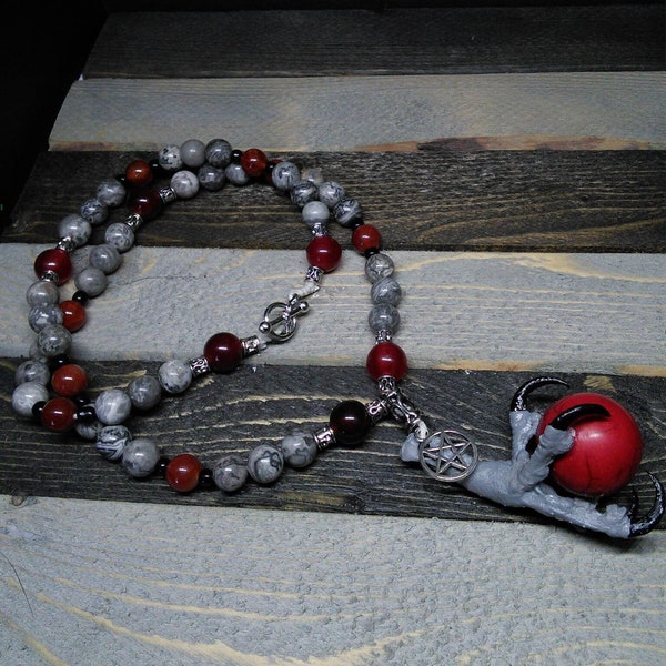 Wicca Witch re-imagined Morrigan dark goddess raven claw rodent skull rosary pagan beads, meditation beads, witches ladder nine rosary