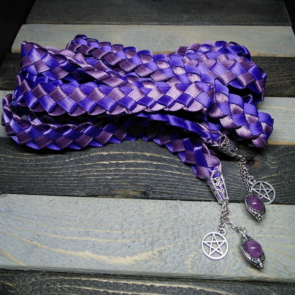 Royal and dusty purple satin handfasting ribbon capped with charms and natural stone