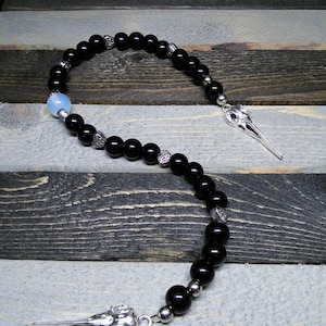 Wicca Morrigan jet and moonstone pagan prayer beads, meditation beads, witches ladder nine bead