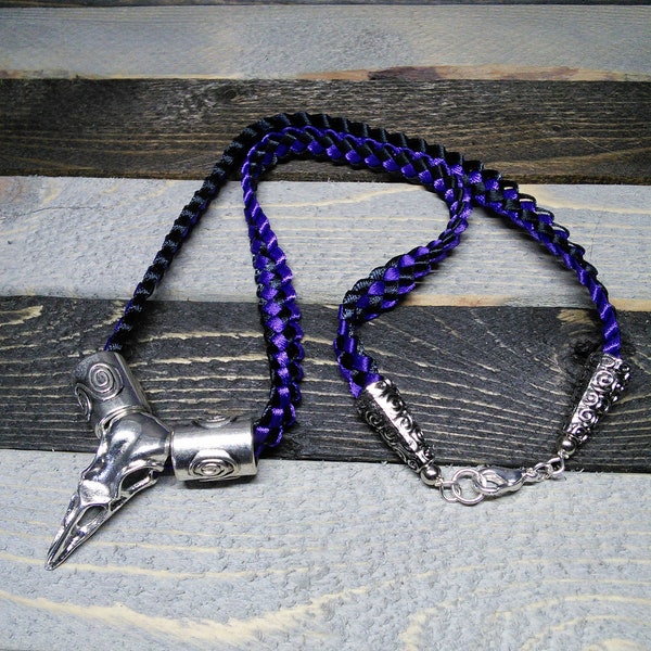 Wicca Pagan Morrigan dark goddess raven skull choker style woven ribbon necklace