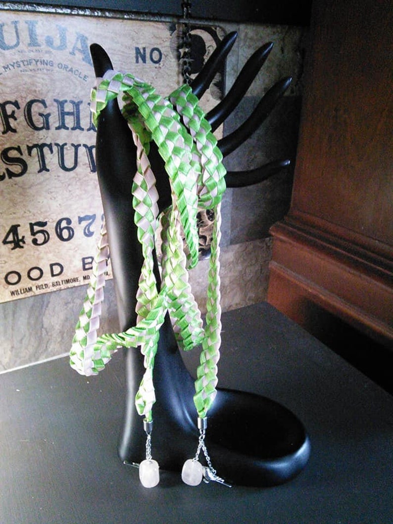 Spring green and rose blush satin handfasting ribbon capped with Spring green and rose blush satin handfasting ribbon capped with