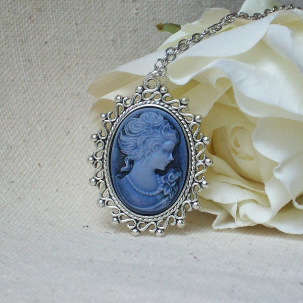 Blue cameo necklace,Vintage inspired Cameo jewelry,Silhouette cameo necklace,Blue cameo