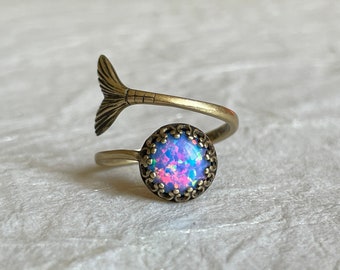 Blue Opal Mermaid Ring/October birthstone/Mermaid tail ring/ Stacking ring/Girls jewelry/Women’s jewelry