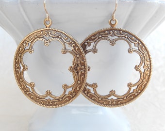 Bronze hoop earrings,Romantic hoop dangles,Everyday earrings,Large antique bronze hoops,Women's jewelry,Stocking stuffer,Unique gift for her