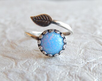 Blue Opal Ring,October birthstone,Leaf Ring,Stacking ring,Sparkling Opal,Girls jewelry,Unique gift for her,Women's jewelry,Handmade ring