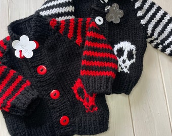 Hand knitted baby goth jacket / Black and white jacket / 0 - 6 months / Small baby / Chunky baby knits / baby punk rocker  / Gothic clothes