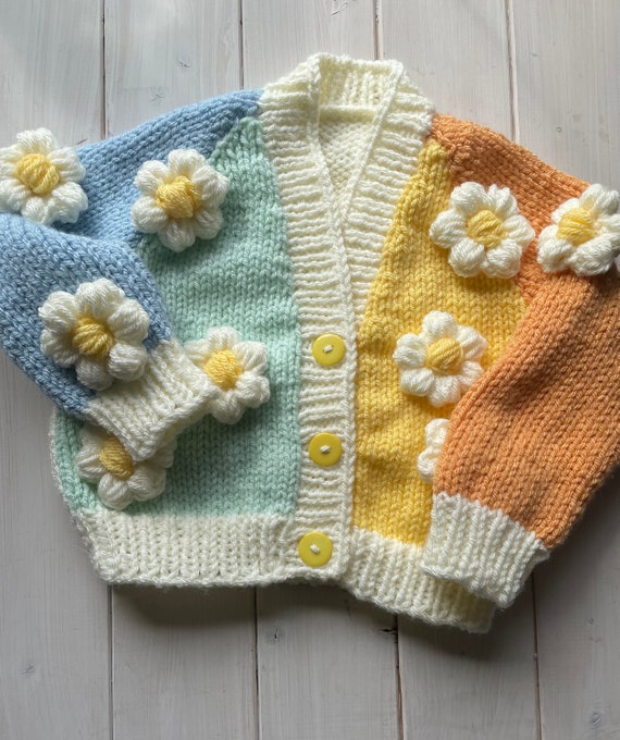 Hand Knitted Flower Crop Cardigan / Oversized Crop Cardigan / - Etsy