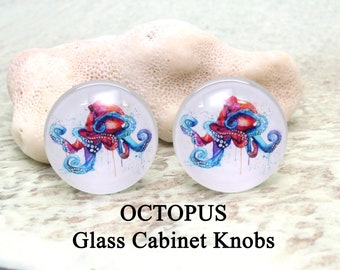 Cabinet Knobs / OCTOPUS Glass Knobs / Set of 2, Cabinet Knobs, Kitchen Knobs, Glass Knobs, Drawer Pulls, Small Knobs, Ocean Life, Beach