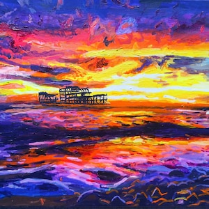 Limited edition print Brighton pier fine art painting colourful Sussex England United Kingdom beach sunset art