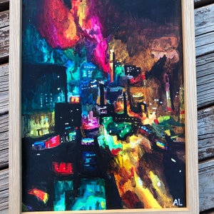 Original Dystopian Cyberpunk Futuristic Cityscape City Colourful Painting acrylic 12x16