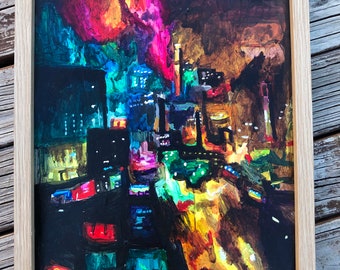 Original Dystopian Cyberpunk Futuristic Cityscape City Colourful Painting acrylic 12x16