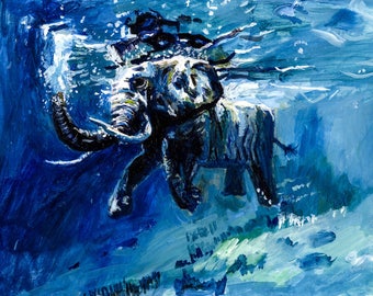 Limited edition Abstract elephant underwater beautiful contemporary impressionist unique animal original fine art print