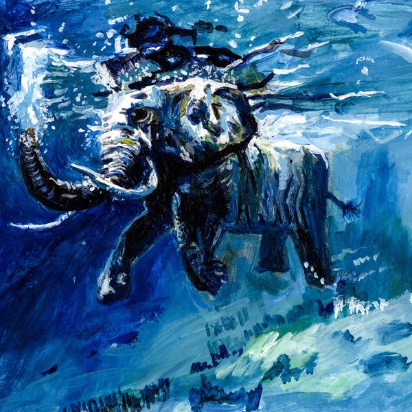 Limited edition Abstract elephant underwater beautiful contemporary impressionist unique animal original fine art print