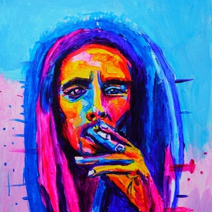 Limited edition print Bob Marley print psychedelic art portrait reggae colourful impressionism psytrance neon colourful
