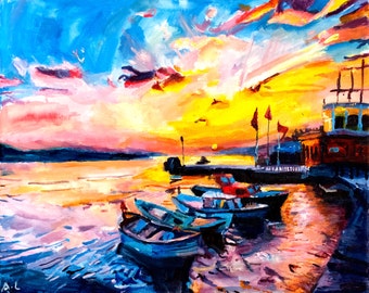 Colourful Sunset Fine  Art Print Boat Limited Edition Sunset Acrylic Painting Abstract Art Boats Harbour Calming Impressionsm 12 x 16