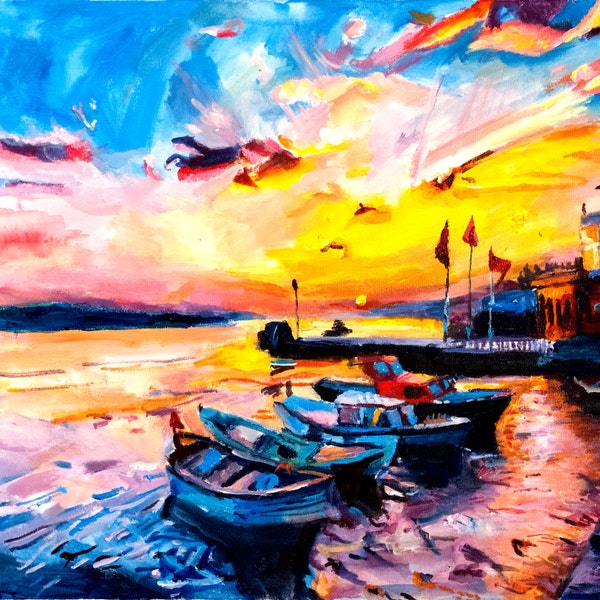 Colourful Sunset Fine  Art Print Boat Limited Edition Sunset Acrylic Painting Abstract Art Boats Harbour Calming Impressionsm 12 x 16