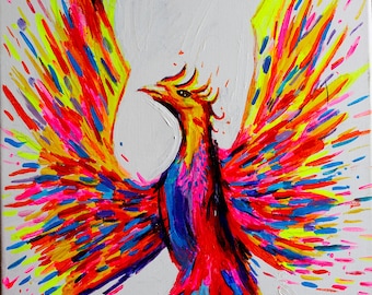 May include: A vibrant painting of a phoenix with outstretched wings. The artwork features a colorful palette of red, orange, yellow, blue, and pink hues. The bird is set against a white background, with brushstrokes creating a dynamic and energetic feel.