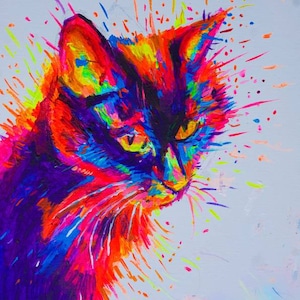 Limited Edition Cosmic Psychedelic electric cat print neon fine art canvas kitty feline portrait colourful rainbow