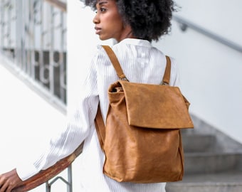 Ginger Leather Backpack - Purse, Leather Backpack, Laptop Backpack Bag, Soft Leather Shoulder Bag, Soft Premium Distressed Leather