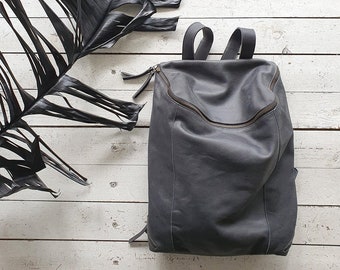 Ash Black Leather Backpack, Leather School Backpack, Leather School Bag, Travel Backpack Purse, Leather Rucksack